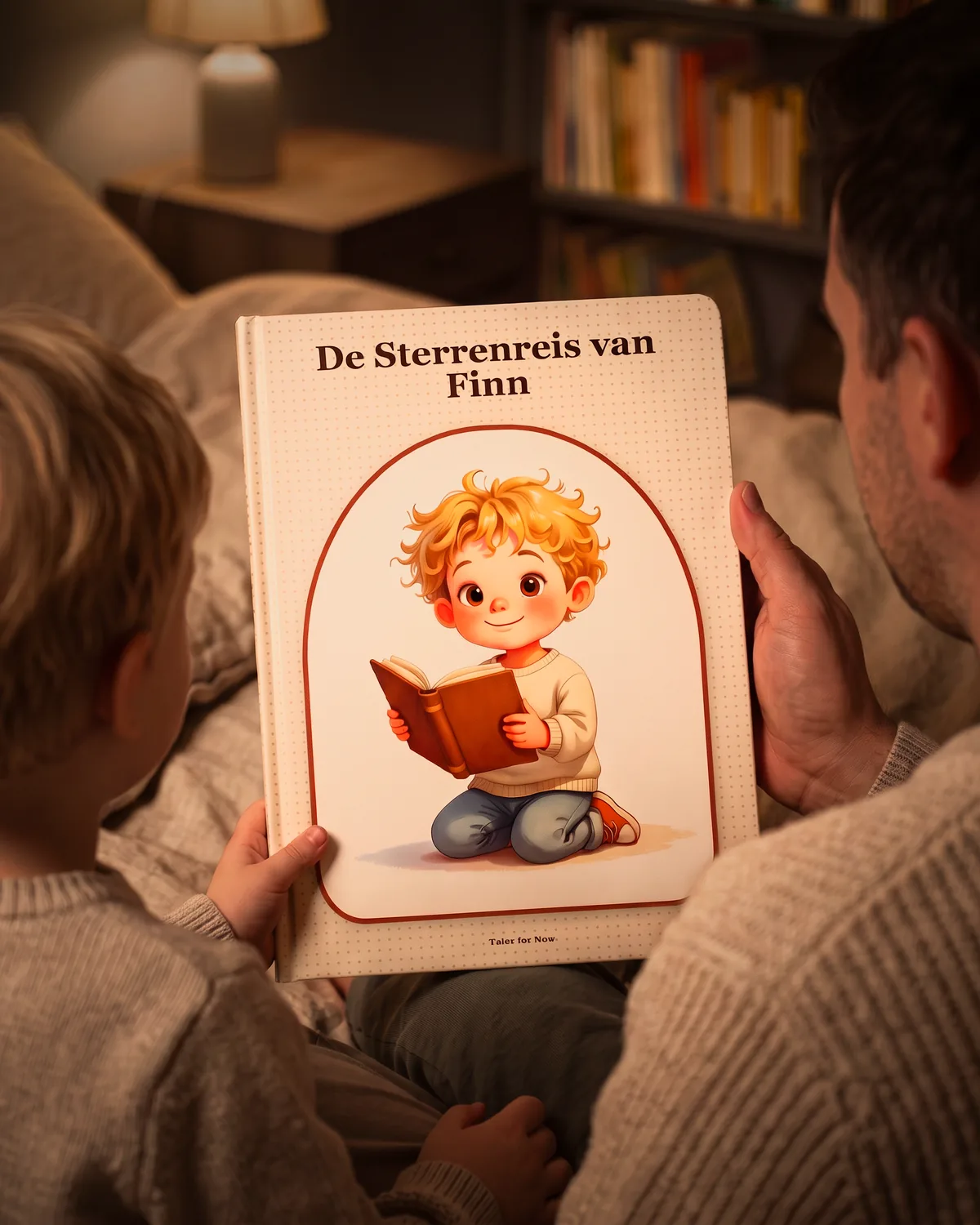 Een vader en kind lezen samen een persoonlijk Tales for Now-hardcoverboek, van achteren gefotografeerd