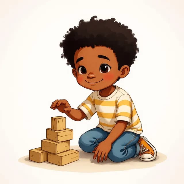 Kind bouwt gehurkt een toren van houten blokken